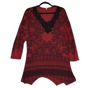 Reba Shirt Womens XL Red Black Sequin Whimsigoth Damask Holiday Party Dark Fairy